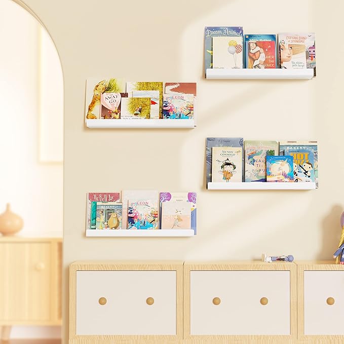 upsimples Acrylic Shelves for Wall Decor, 15" Display Shelf Perfume Organizer for Bathroom, Bedroom, Living Room, Floating Bookshelves for Kids, White, 4 Pack | for Kids