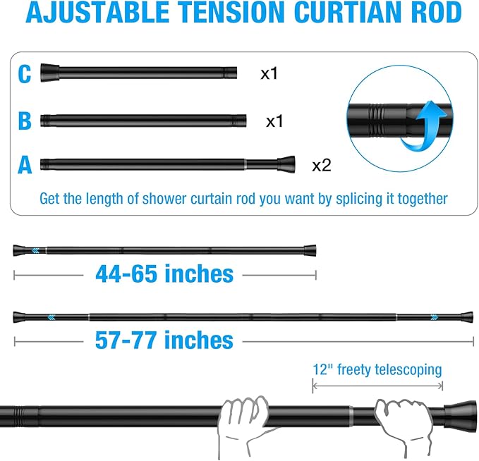 Shower Curtain Rod 44-77 inch Black Tension Rod Shower rod Non Slip Tension Curtain Rod Adjustable Curtain Rods No Drilling Shower Rods for Bathroom Windows Closet