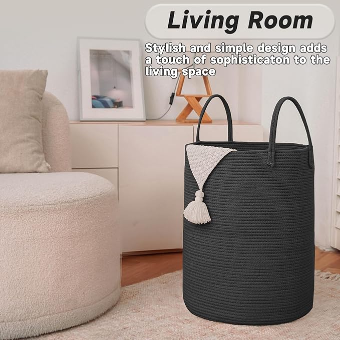 JMvicyroam Large Woven Laundry Basket Hamper,100L Cotton Rope Storage Bin for Blankets,Toys and Clothes,Decorative Tall Nursery Hamper for Living Room,Baby Nursery,Bathroom and Bedroom,Black