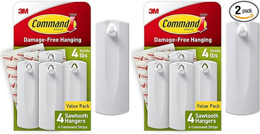 Command Sawtooth Picture Hangers, 4 Frame Hangers and 8 Command Strips, Damage-Free Hanging Sawtooth Frames, No Tools Wall Hooks for Christmas Decorations, Holds up to 4 lb (Pack of 2)