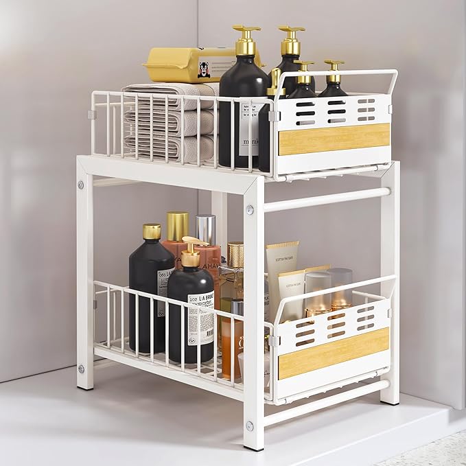 Under Sink Organizer, 2-Tier Pull Out Cabinet Organizer with Heavy-Duty Carbon Steel Sliding Shelves, Stackable Multi-Purpose Storage Rack for Kitchen Pantry Bathroom with Movable Dividers, White
