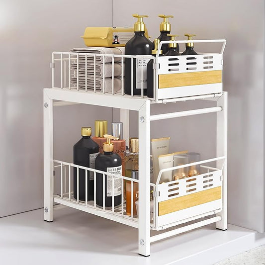 Under Sink Organizer, 2-Tier Pull Out Cabinet Organizer with Heavy-Duty Carbon Steel Sliding Shelves, Stackable Multi-Purpose Storage Rack for Kitchen Pantry Bathroom with Movable Dividers, White