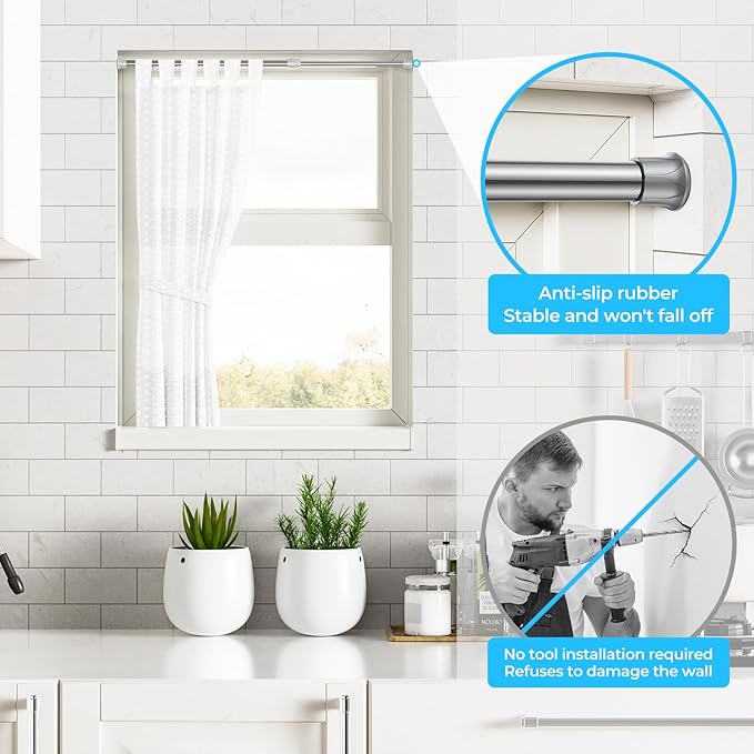 AIZESI 2PCS Silver Tension Rod 18 to 26 Inch, Adjustable Small Curtain Rods No Drilling, Short Tension Rods for Small Window DIY Projects
