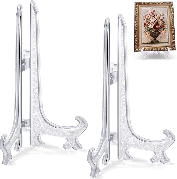 10 Inch Clear Acrylic Easel Stand 2pcs Large Plate Display Holder for Decorative Chargers Wall Art Framed Photos Table Centerpieces Wedding Decor Foldable