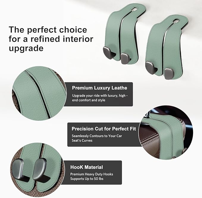 CoBak Purse Hook for Car - Universal Premium Stitched Leather and Aluminum-Magnesium Alloy Double Car Seat Back Storage Hook for Purses, Handbags, Bags (2 Pack),SageGreen