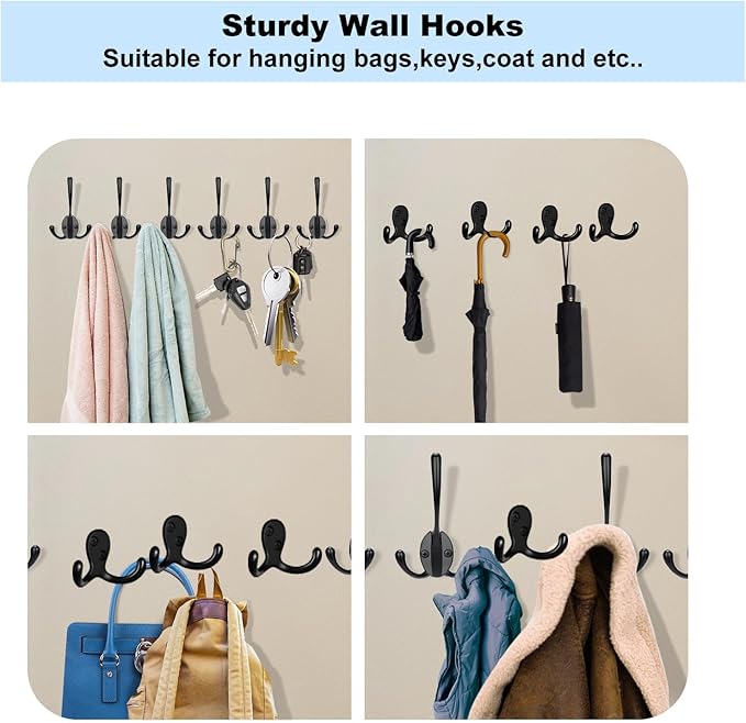Kruodop 8 Pack Wall Hooks Wall Mounted Coat Hooks for Hanging Heavy Duty, Black Towel Hooks, Metal Double Coat Hanger with Screws Cup Retro for Coats, Handbags, Towels, Hat