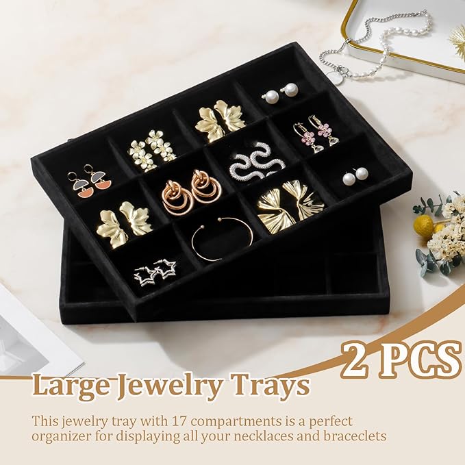 Large Velvet Jewelry Tray 2 Pack Stackable Jewelry Display Drawer Inserts Trays Organizer for Earring Bracelet Necklace Ring (Black, 12 Grids+24 Grids)