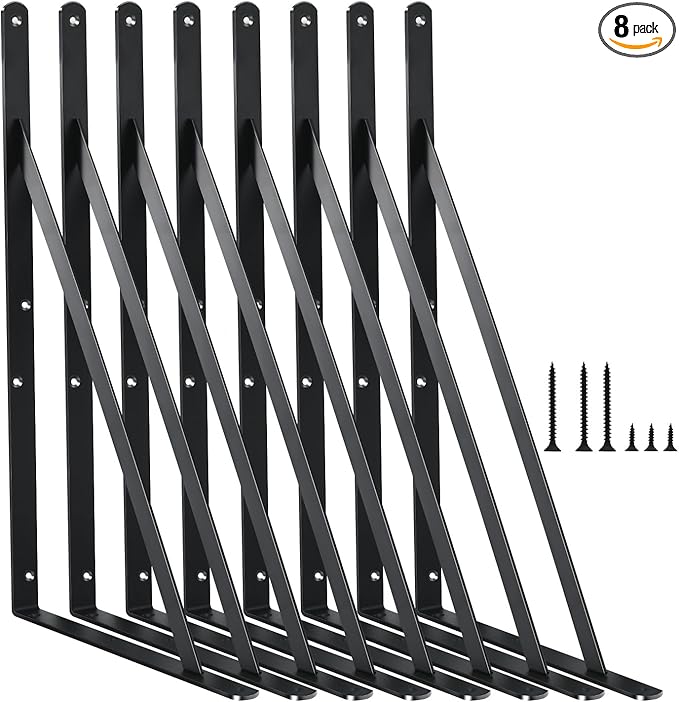 8 Pack L16 x H 10" Black Heavy Duty Shelf Brackets with Screws Metal Shelf Brackets Shelf Support Angle Brackets for Shelves L Brackets Heavy Duty Floating Shelf