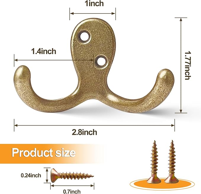 CBWLWJ 20 Pack Coat Hooks Wall Hooks for Hanging, Heavy Duty Double Prong Metal Hook Wall Mounted for Living Room, Bathroom, Kitchen, Bedroom for Coat, Bag, Scarf, Towel, Hat, Key, Cup (Bronze)