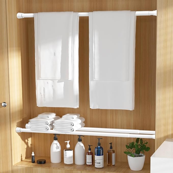 Tension Curtain Rod for Windows 27 to 50 Inch，Spring Tension Rods White Curtain Rods No Drilling Adjustable Spring Rod Extendable Tension Rod for Kitchen, Bathroom, Window, Bookshelf.