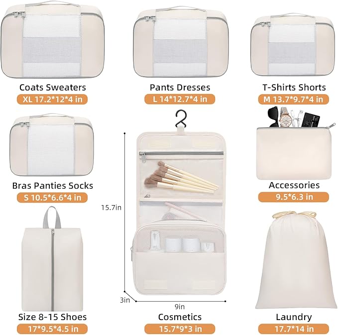 BAGAIL 6 Set/8 Set/10 Set Packing Cubes Various Sizes Packing Organizer for Travel Accessories Luggage Carry On Suitcase