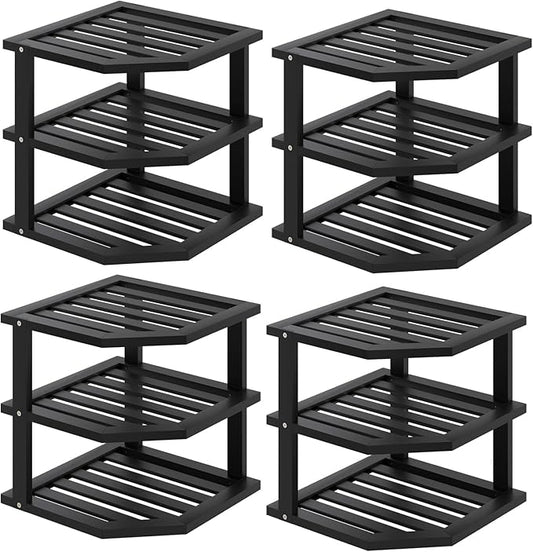 VERTORGAN 3 Tier Bamboo Corner Shelf(4 Pack),Dish Drying Rack,Plate Organizer,Kitchen Spice Rack for Countertop and Cabinet(Black)
