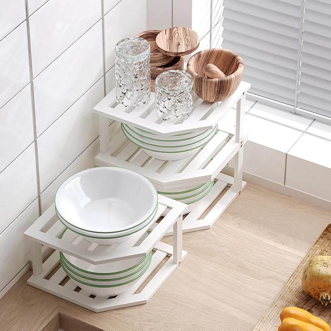 Bamboo Corner Shelf(3 Pack),2 Tier Plate Organizer for Cabinet and Countertop,Pantry Dish and Spice Rack for Kitchen(White)