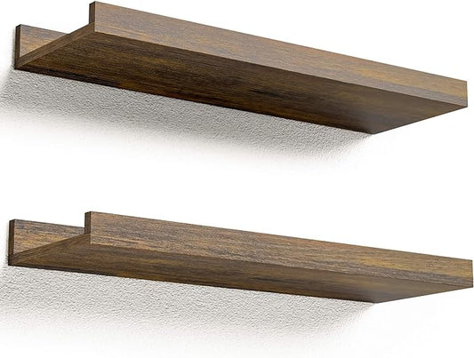 Boswillon Floating Shelves for Wall, Wall Mounted Shelves Set of 2, Rustic Shelves with Lip, Display Picture Ledge Shelf for Wall Decor Living Room Bathroom Kitchen - Brown