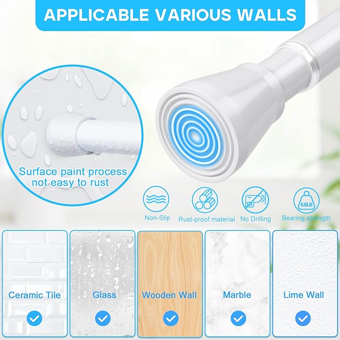White Shower Curtain Rod 45 to 77 Inch,Shower Rods for Bathroom,Spring Tension Curtain Rod No Drilling for Windows Doors Closet Kitchen Wardrobe