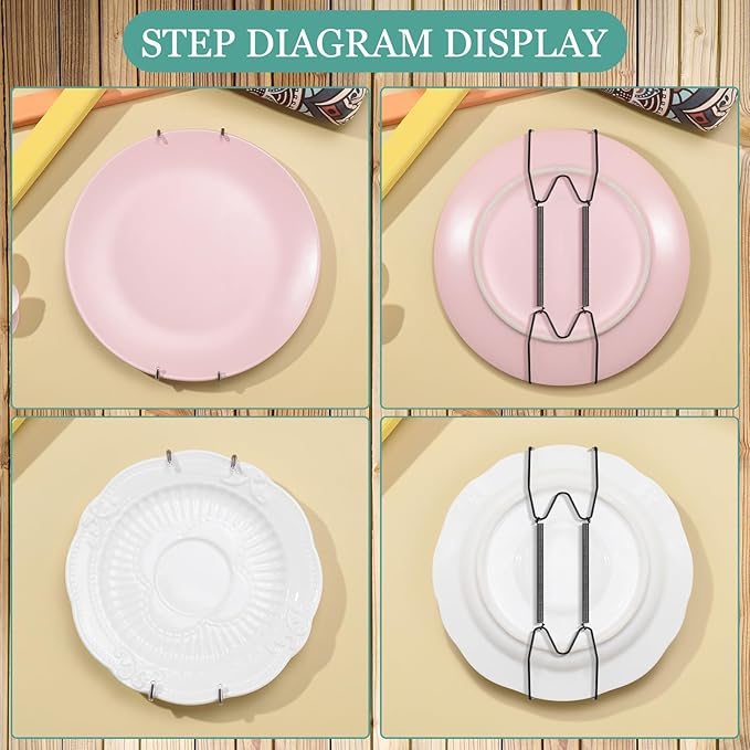 Hotop 12 Pieces Plate Hangers for Wall Stainless Steel Wire Invisible Plate Hangers Heavy Duty Display Holders with 12 Pieces Hooks for Wall Decoration (6/8/10 Inch,Black)