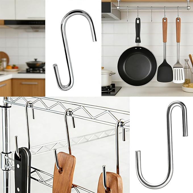 50 Pack 2.4 Inch Heavy Duty Stainless Steel S Hooks - S Shaped Metal Hanging Hooks for Kitchen Pots, Pans, Utensils, Jeans, Clothes, Bags, Hats, Towels, Plants, Wire Shelves & Racks
