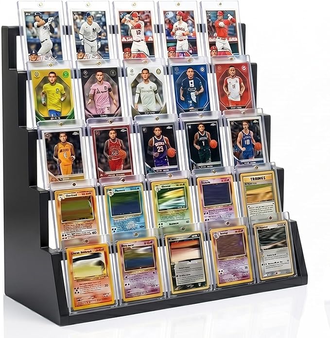 5 Tier Wooden Card Display Stand – Vertical Card Holder Display for Trading Cards, Game Cards, Sports Cards, Graded PSA/BGS/SGC, Baseball, Basketball&Football(Soccer) Card Stand, Desk & Shelf Organize,Black