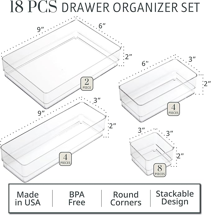 STORi SimpleSort 18-Piece Stackable Clear Drawer Organizer Set | Multi-size Trays | Makeup Vanity Storage Bins and Office Desk Drawer Dividers | Made in USA