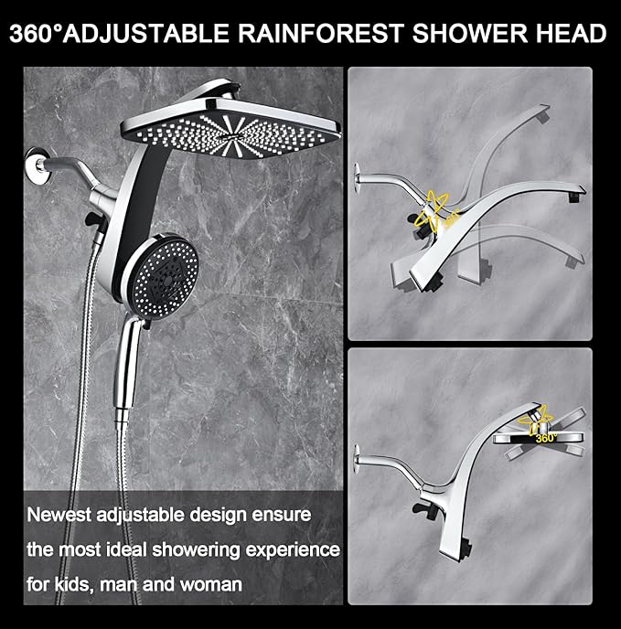 BOZYBO Rain Shower Head with Handheld: High Pressure Shower Heads with Handheld Spray Combo, 12" Rainfall Shower Head and 9 Sprays Hand Showerheads with Magnetic Docking and Power Jets, Chrome 2.5GPM