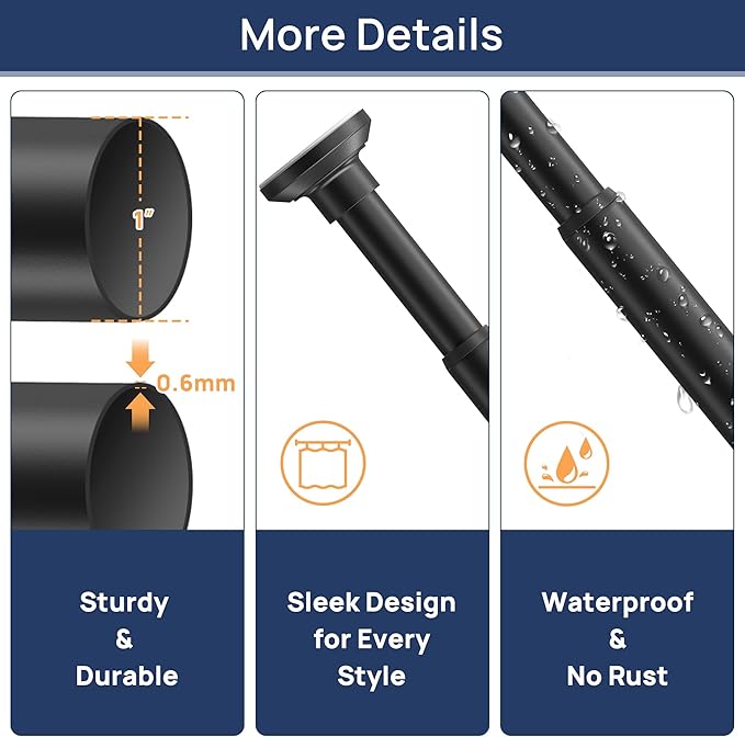 ENJOYBASICS Matte Black Shower Curtain Rod 30 to 64 Inches, 1 Inch Stainless Steel Adjustable Spring Tension Rods No Drill for Bathroom, Closet, Window, Room Divider, Never Rust, Non Slip
