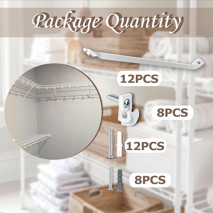 12PCS 12 Inch Wire Shelf Brackets, Heavy Duty Wire Shelving Support Brackets, Closet Rack Support with 8PCS Wire Shelf Clips, Closet Wire Shelf Support Brackets for Laundry, Closet, Garage