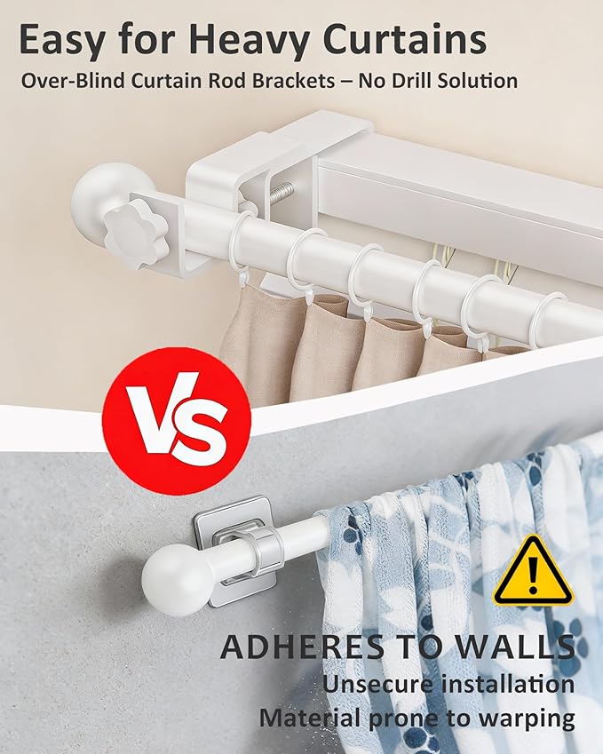 Mimiio No Drill Curtain Rod Brackets for Outside-Mount Blinds, Tool-Free Over-Blind Curtain Rod Holders, Fits 1-2" Rectangular Headrails, No Wall Damage, Renter Friendly Window Hardware, 3 Pack, White