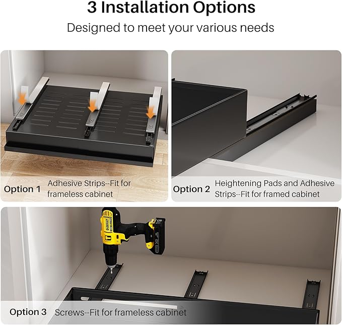 Pull out Cabinet Organizer, 1-Pack Expandable(13.6"-24") Silde out Drawers with Raising Pad for Framed Cabinets, Adjustable Full-Extension Adhesive Roll out Shelves for Kitchen Pantry Home Pot and Pan