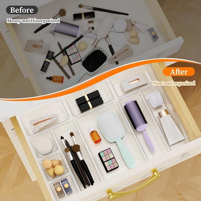 StorMiracle 32 PCS Clear Plastic Drawer Organizer Set, 4-Size vanity organizer Trays and Storage Bins for Makeup, Jewelry and Gadgets in Bedroom, Bathroom and Office, Clear