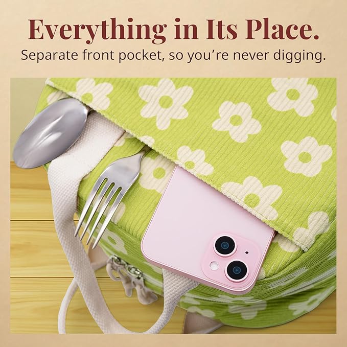 LOVELYWIND Insulated Floral Lunch Bag for Women, Stylish Corduroy Tote with Aluminum Lining, Large Capacity Reusable Cooler for Work, Travel, Beach or Picnic, Creamy Floral Water-Resistant Lunch Box