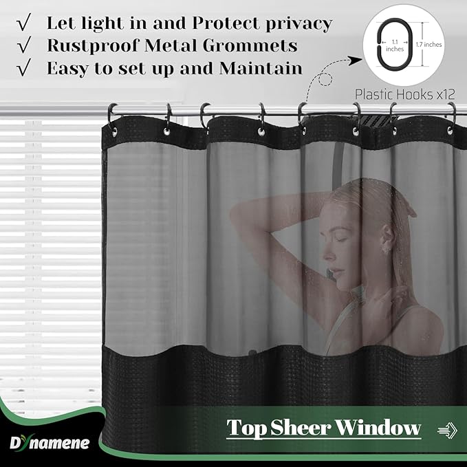 Dynamene Fabric Shower Curtain with Snap in Liner, Black Waffle Hotel Shower Curtains for Bathroom, Washable Waterproof Cloth Shower Curtain Liner Set with Plastic Hooks, Mesh Top Window, 72x72