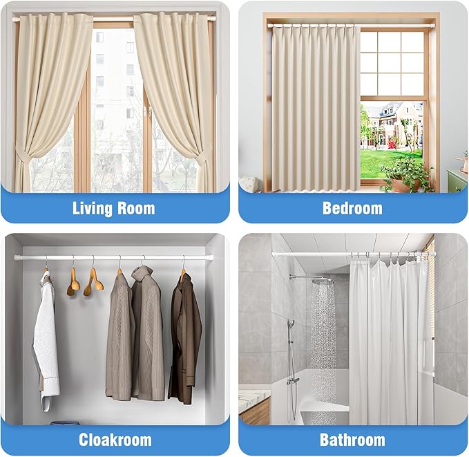 AIZESI Tension Curtain Rod for Windows 45 to 77 Inch, Adjustable Expandable Spring Curtain Rods No Drilling, Non Slip Curtain Rod for Bedroom Doorway Closet Door, White