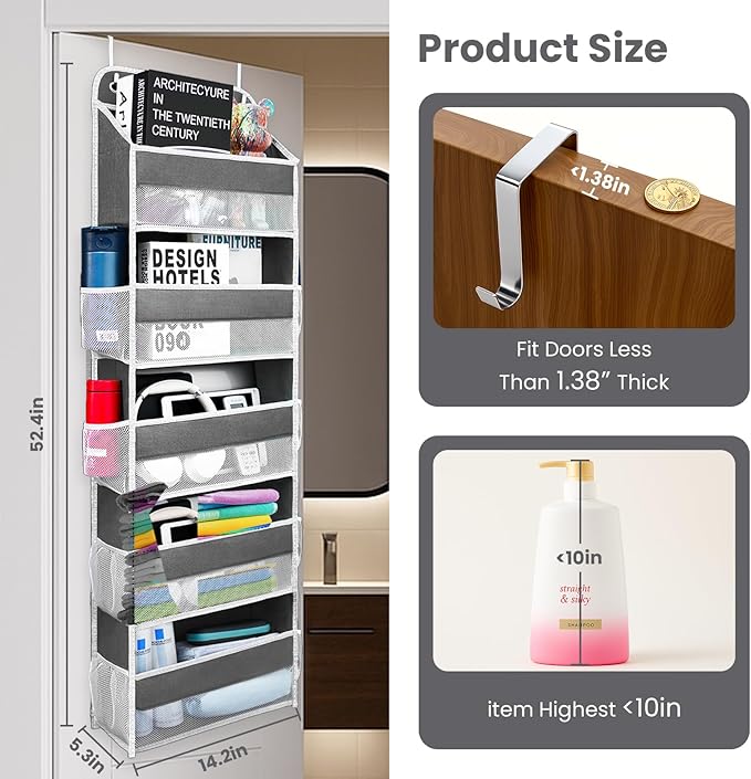 Easy Assembly Over The Door Organizer, 6 Shelves& 10 Side Pockets, Heavy-Duty Reinforced Mesh Rack Holds 44lb, Hanging Behind Door Storage for Bathroom Pantry, Nursery, Closet, Shoes, Towels-Dark Grey