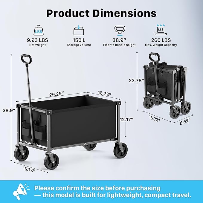 29.3" Collapsible Wagon Cart, 150L Heavy Duty Folding Utility Wagon with Wheels, 260 lbs Load, Portable Rolling Cart for Garden, Shopping, Sports, Camping, Black