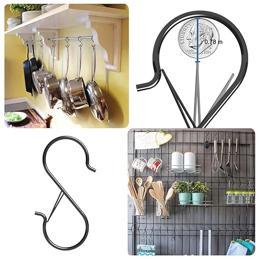 7 Pack S Hooks for Hanging with Safety Buckle, 5 inch Heavy Duty Black Vinyl Coated Wire Shelving Hooks, Pot Rack Hooks for Hanging Plants, Bags, Kitchen Utensils, Cups, Pans