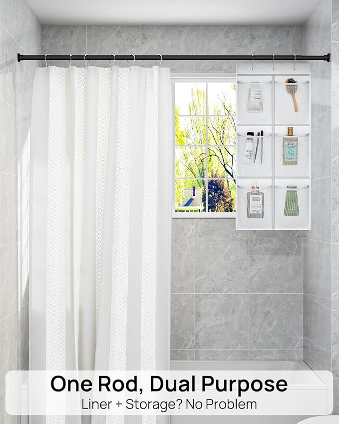 ALLZONE Heavy Duty Tension Shower Curtain Rod 42-83 Inches for Bathroom, Window, Non-Slip, Adjustable with Strong Spring Pole for Closet, Doorway, No Rust, No Drilling, Black (Pack of 2)