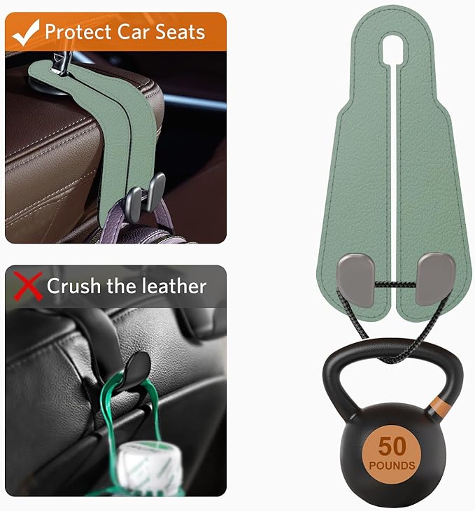 CoBak Purse Hook for Car - Universal Premium Stitched Leather and Aluminum-Magnesium Alloy Double Car Seat Back Storage Hook for Purses, Handbags, Bags (2 Pack),SageGreen