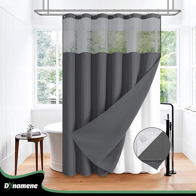 Dynamene Extra Long Shower Curtain, 84 Inch Long Waffle Fabric Shower Curtain for Bathroom, Tall Waterproof Cloth Shower Curtain Set with Hook, Snap in Liner, Mesh Top Window, Charcoal Grey, 72x84