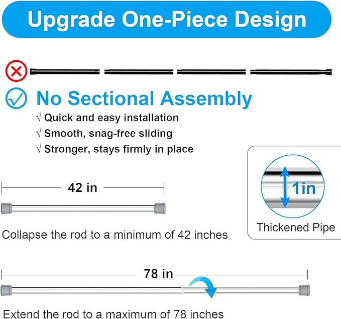 No Sectional Assembly Shower Curtain Rod 42-78 Inch, 1" Diameter Spring Long Adjustable Tension Curtain Rods for Bathroom Windows Closet No Drilling No Rust, Silver