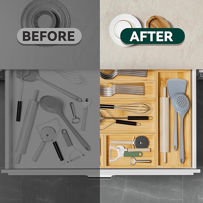 Lixple Bamboo Drawer Organizer - Silverware & Utensil Organizer, Stackable, 2 Pcs, Wooden Storage Box Tray (Bamboo, 12 X 6 X 2 Inch)
