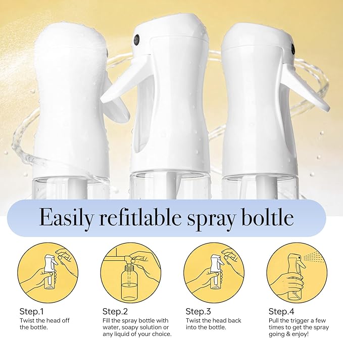 3Pcs Continuous Spray Bottles For Hair,Ultra Fine Mister for Hair Styling, Plants, Cleaning, Salon, Misting & Skin Care (200ml Clear*3)