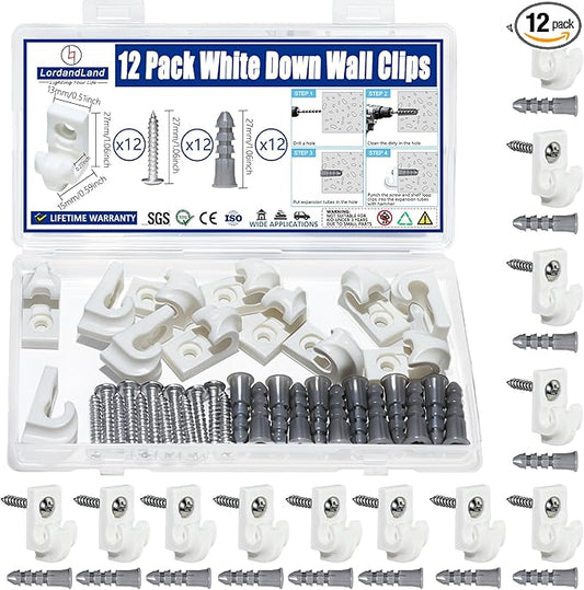 12 Pack White Down Wall Clip Closet Shelves Clips Wire Shelf Loop Clips Plastic Heavy Duty Wire Shelf Brackets Included Clips Screws and Expansion Tubes for Wire Closet Shelving
