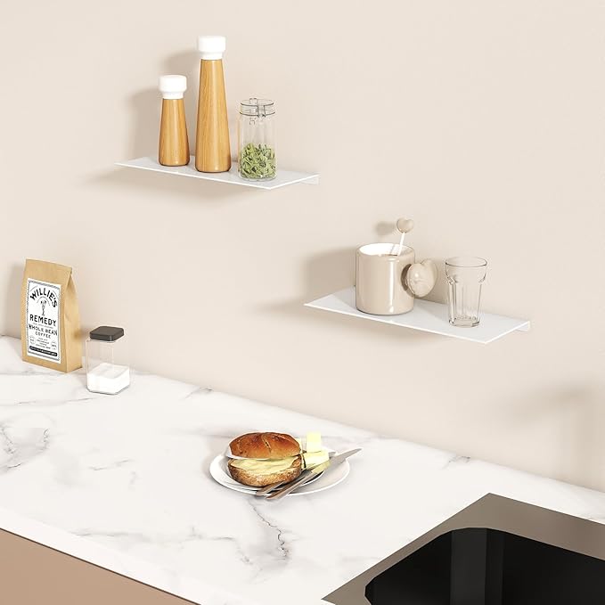 MKO 12" Floating Shelves for Wall, Small Metal Wall Mounted Shelf for Bathroom, Bedroom, Living Room, Kitchen, Little Hanging Shelves for Books/Storage/Room Decor 2 Packs, White