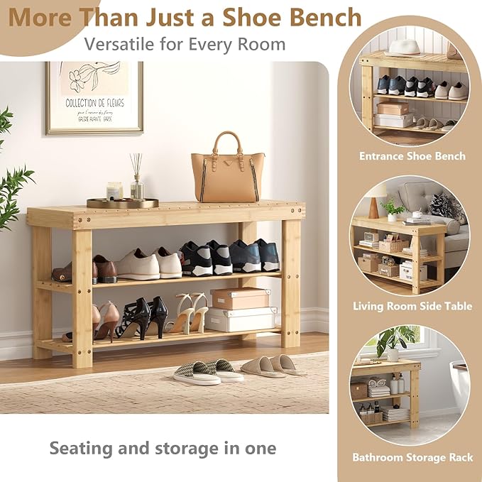 Sweetcrispy Shoe Rack Bench, 3-Tier Bamboo Entryway Storage Organizer, 286lb Capacity, Shoes Stand for FrontDoor Entrance, Bedroom, Living Room, Bathroom, Balcony, 35 Inches Length, Wood