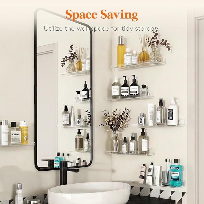 Lifewit Floating Shelves for Bathroom, Acrylic Wall Organizer for Perfume, Makeup, Figures, Nail Polish, Photo, Book, 14" Decor Display Rack for Nursery, Living Room, Bedroom, Kitchen, Clear, 6 Pack