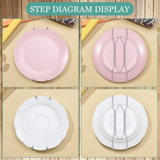 Hotop 12 Pieces Plate Hangers for Wall Stainless Steel Wire Invisible Plate Hangers Heavy Duty Display Holders with 12 Pieces Hooks for Wall Decoration(4-5 Inch,Silver)