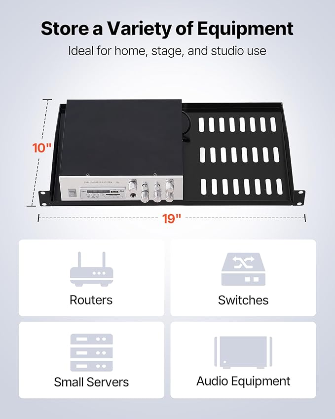 VEVOR 4PCS 1U Server Rack Shelf, Universal Vented Rack Mount Cantilever Tray for 19" Network Equipment Rack & Cabinet, 10" Deep Rack Mount Shelf