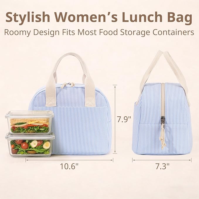 LOVELYWIND Insulated Lunch Bag for Women, Reusable Blue Striped Lunch Box Cooler Bag with Large Capacity, Durable Lunch Tote for Work