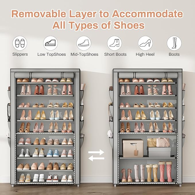 Shoe Rack with Cover, 10 Tier Shoe Organizer Storage for 40-50 Pairs Sneaker and Boots, Large Capacity, with 8 Pockets, Free Standing Tall Shoe Rack for Front Door Entrance, Closet, Grey