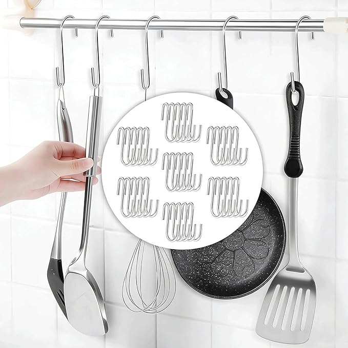 50 Pack 2.4 Inch Heavy Duty Stainless Steel S Hooks - S Shaped Metal Hanging Hooks for Kitchen Pots, Pans, Utensils, Jeans, Clothes, Bags, Hats, Towels, Plants, Wire Shelves & Racks
